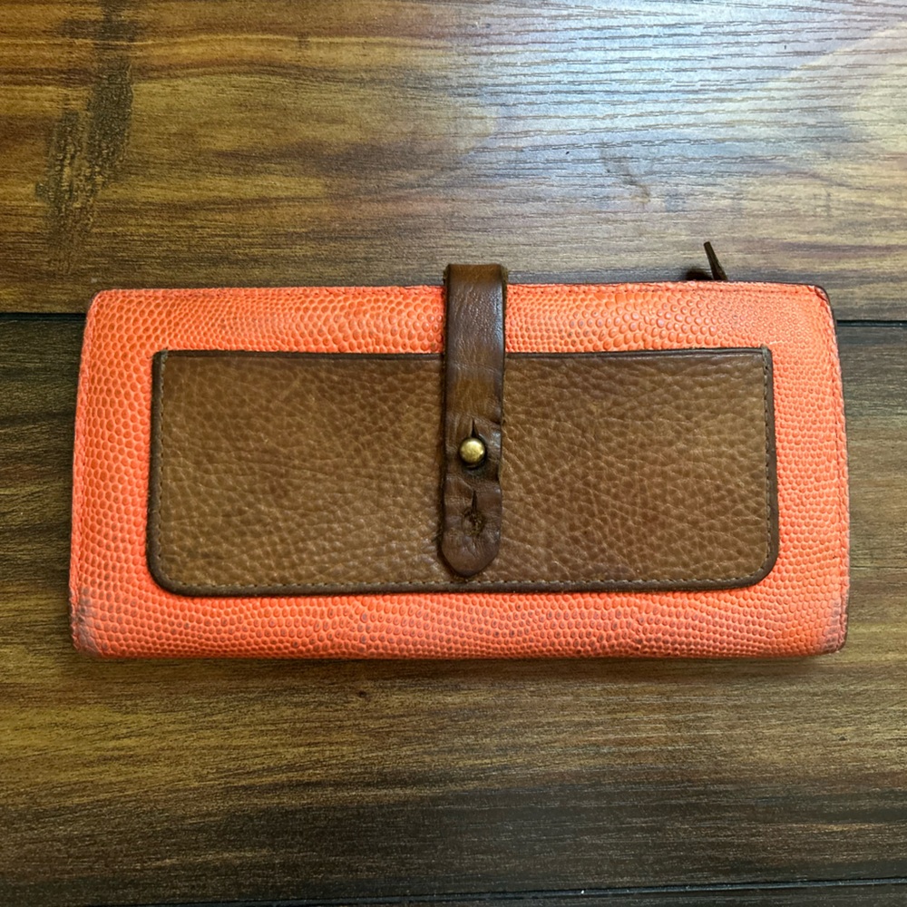 Madewell Orange and Brown Checkbook Leather Wallet